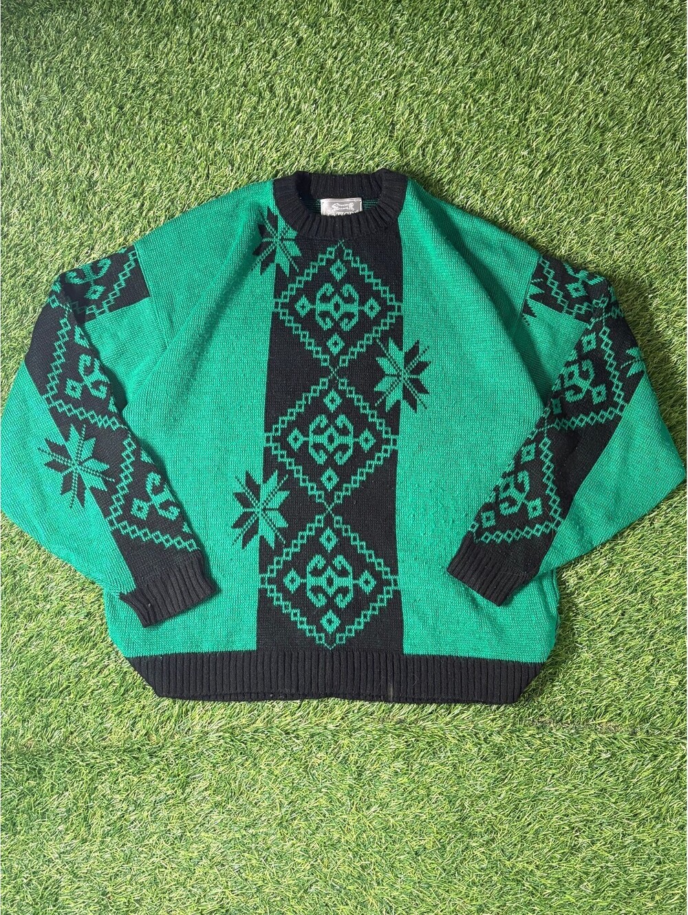 Vintage Le Tigre Green Black Geometric Patterned Wool Sweater Mens Large